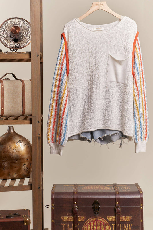 Boat Neck Multi Stripe Sleeves Knit Sweater