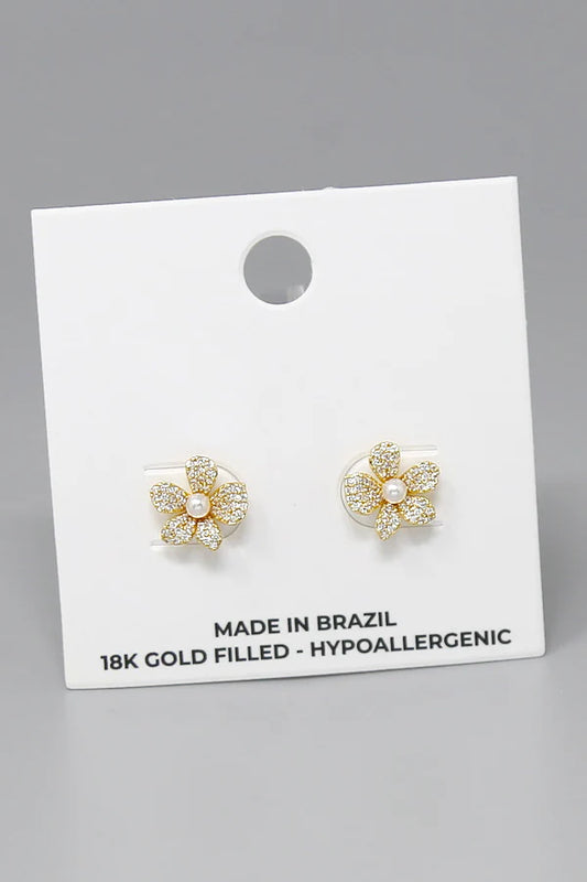 Flower CZ Pave 18K Gold Filled Stud Earrings