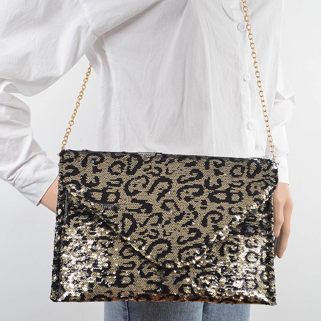 Sequin Leopard Clutch