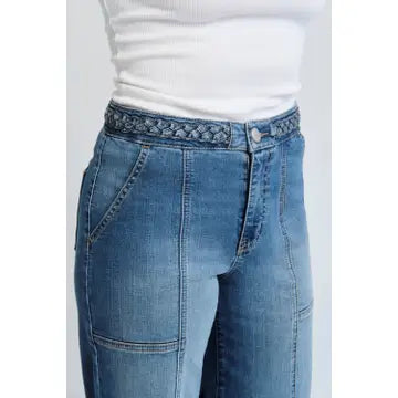 27" Cropped Wide Leg Jeans w/ Braided Waistband in Bolt