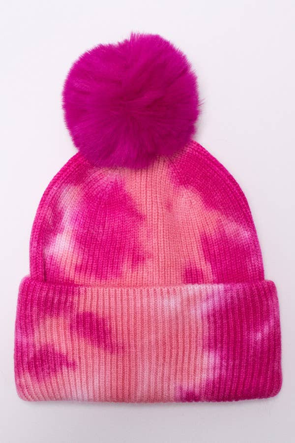 Tie Dye Knitted Fur Pom Beanie