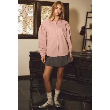 Blush Mauve Button Down Stripe Shirt with Puff Sleeve
