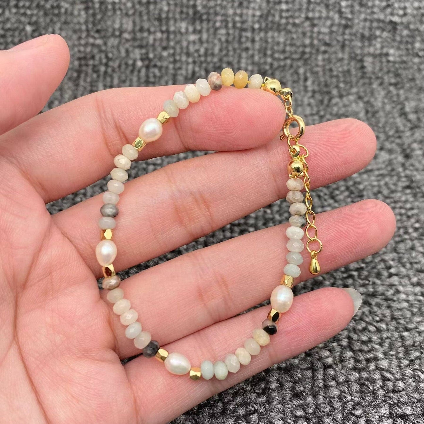 Natural Stone & Pearl Beaded 18K Gold Plated Bracelet - CS