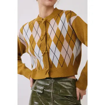 Cropped Argyle Knit Cardigan with Ruffle Trim