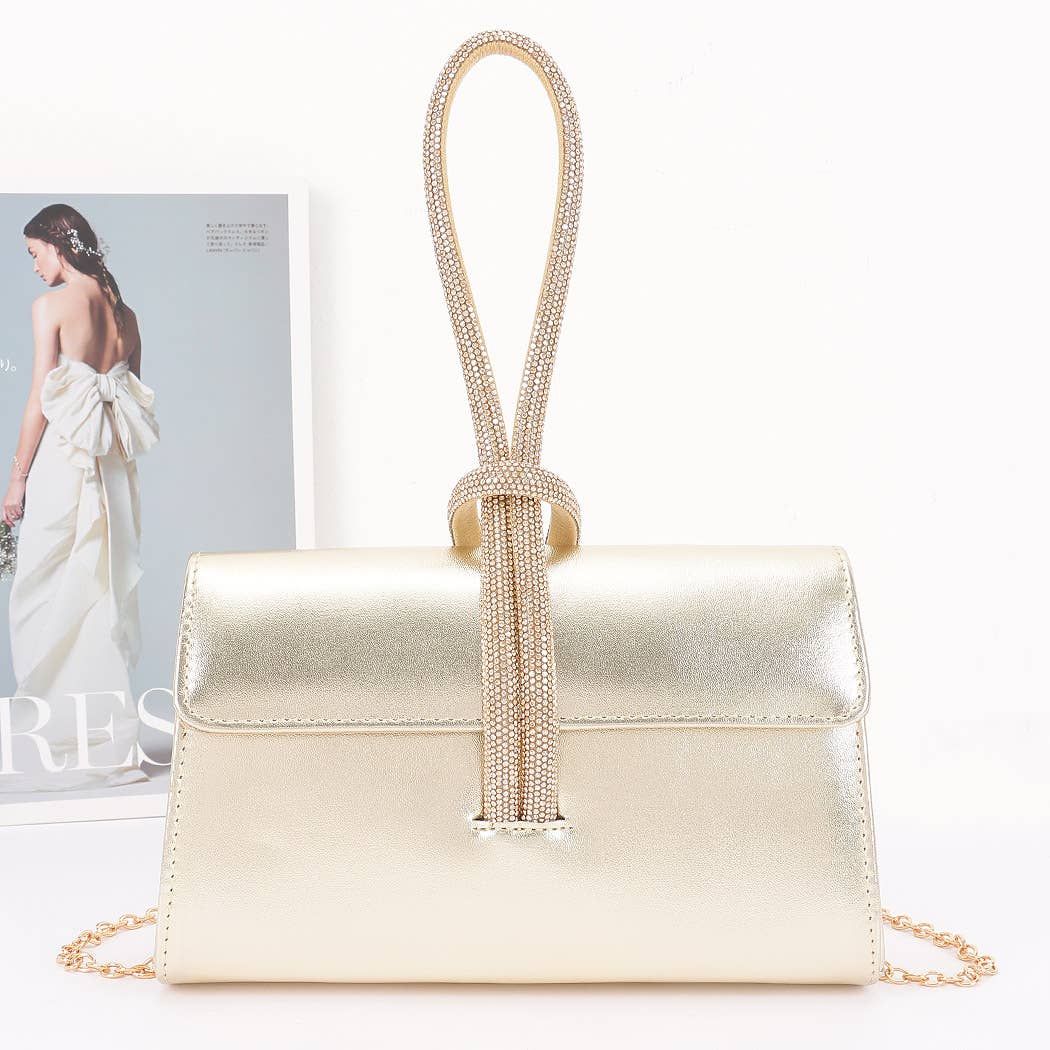 Metallic Faux Leather Rhinestone Handle Clutch