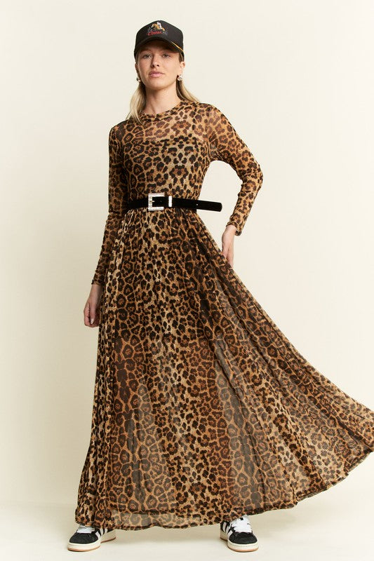 Long Sleeve Animal Print Mesh Maxi Dress