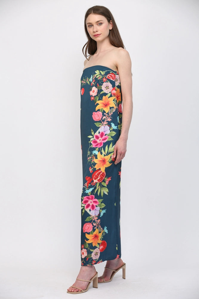 Satin Botanical Strapless Dress