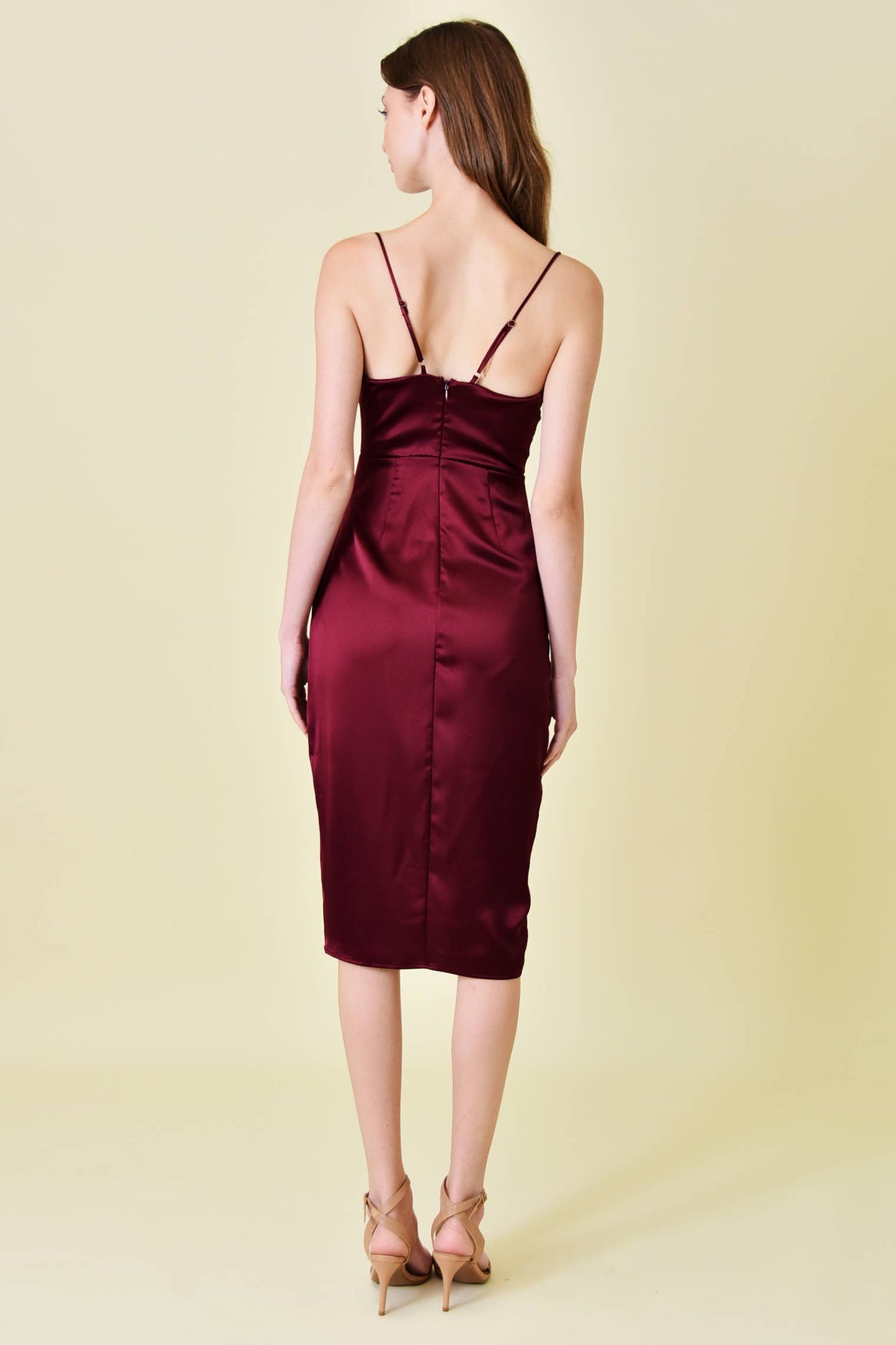 SATIN COWL NECKLINE WRAP MIDI DRESS