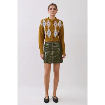 Cropped Argyle Knit Cardigan with Ruffle Trim