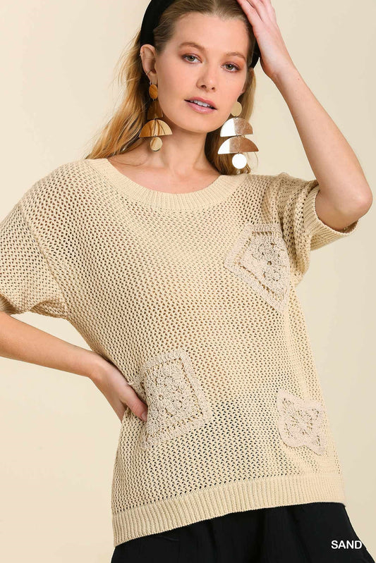 Knit Short Sleeve Top with Crochet Appliqué