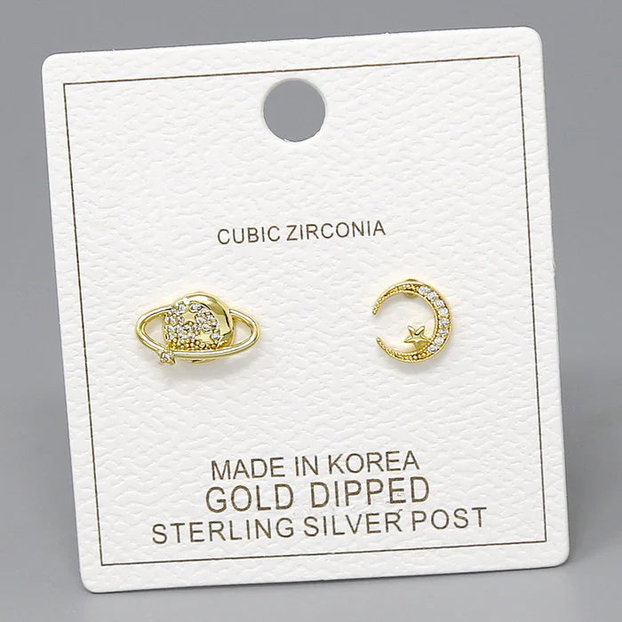 Crescent Moon & Star CZ Pave Stud Earring Set