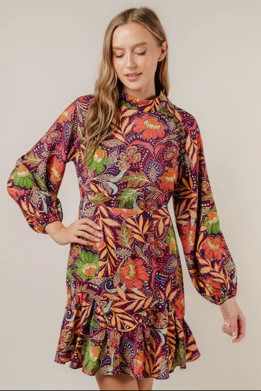 Low Stand Collar Paisley Dress