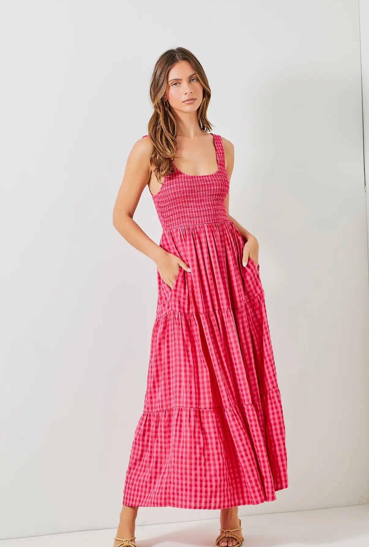 Smocked Bodice Gingham Maxi Dress (S to 3X)
