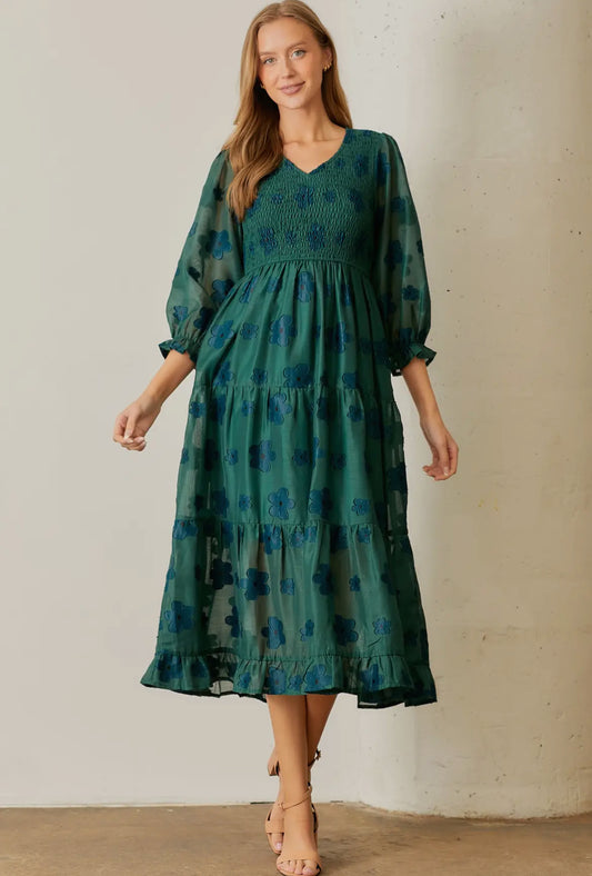 Emerald Smocked Floral Dress