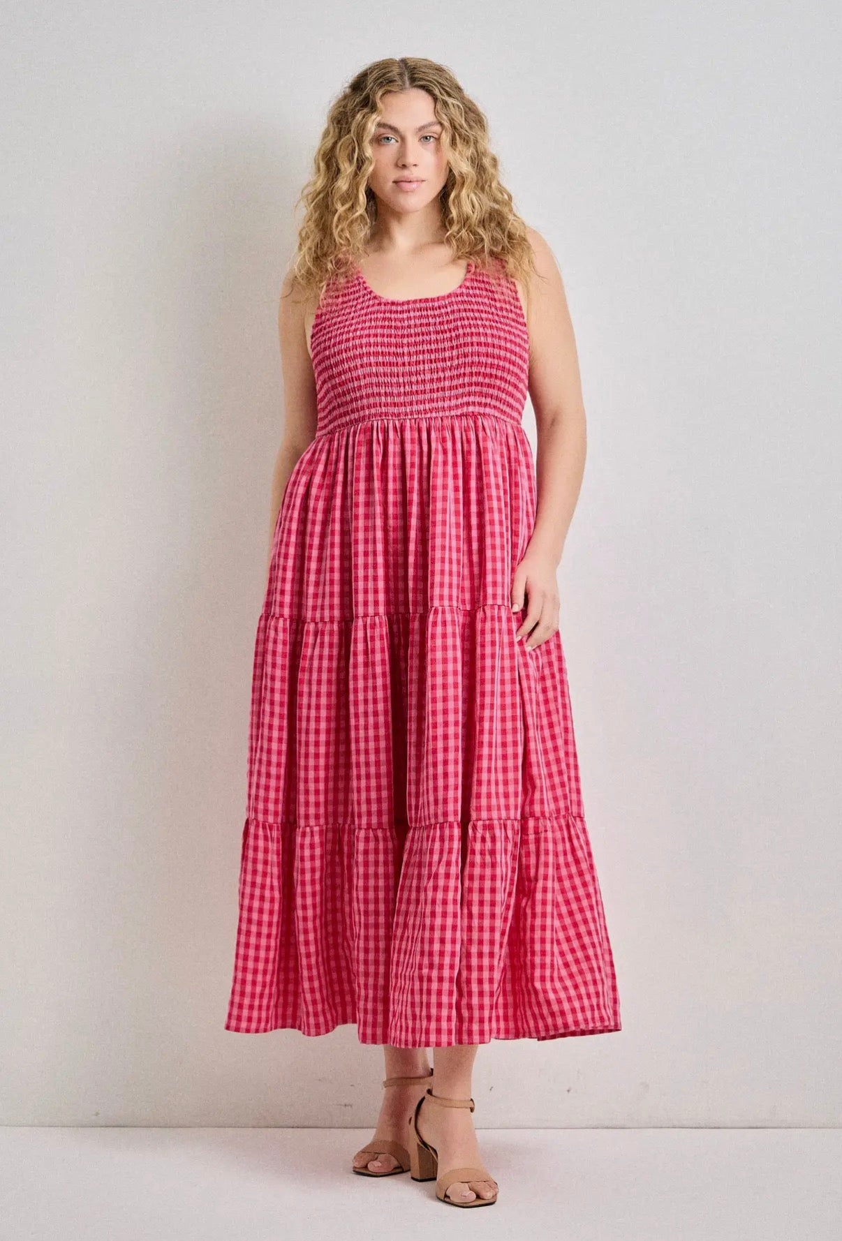 Smocked Bodice Gingham Maxi Dress (S to 3X)