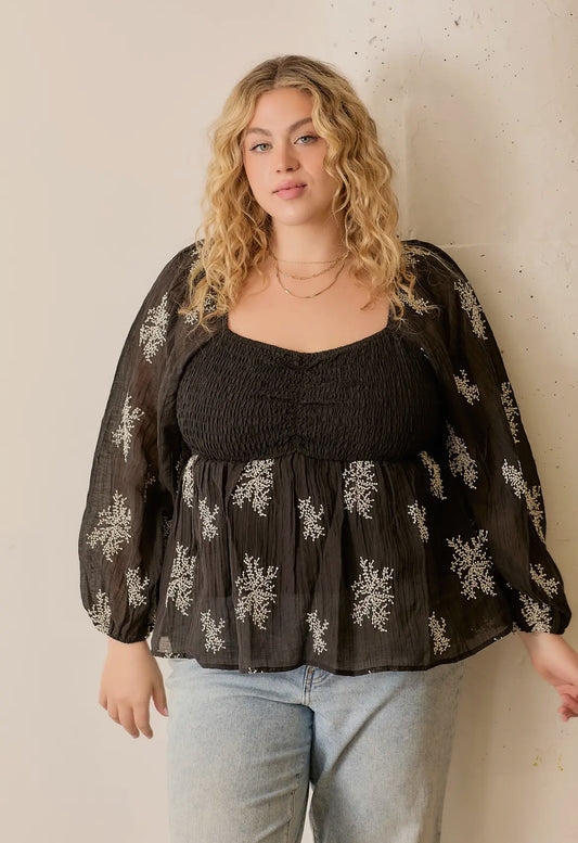 Black and White Floral Embroidered Blouse Top