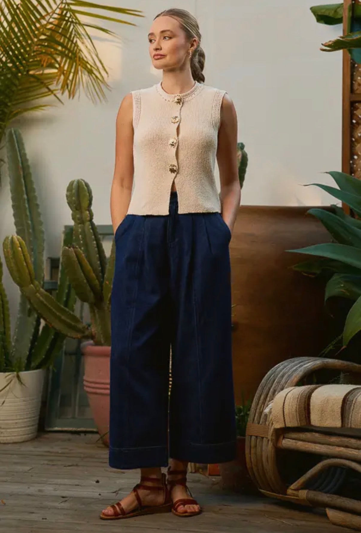 Cream Sweater Vest with Sunburst Buttons (S to 3X)