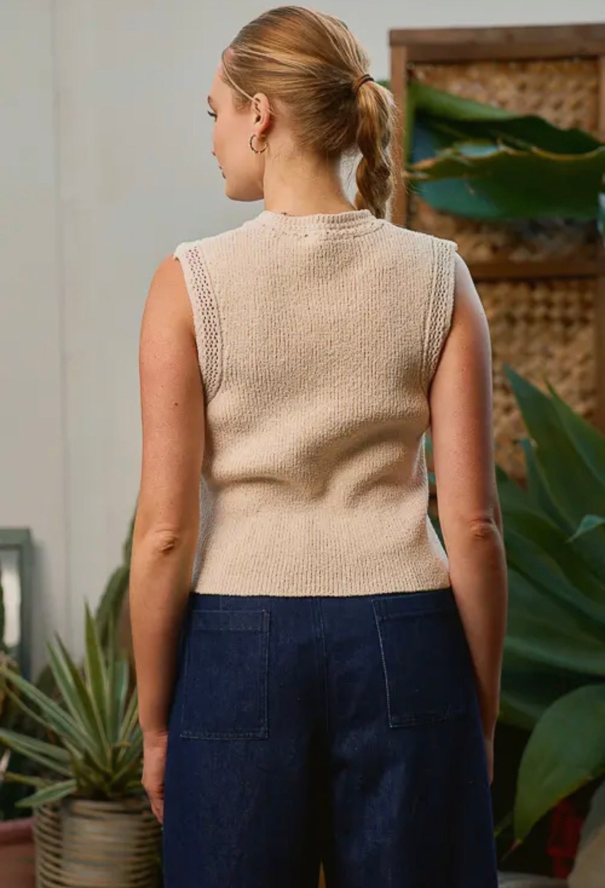 Cream Sweater Vest with Sunburst Buttons (S to 3X)