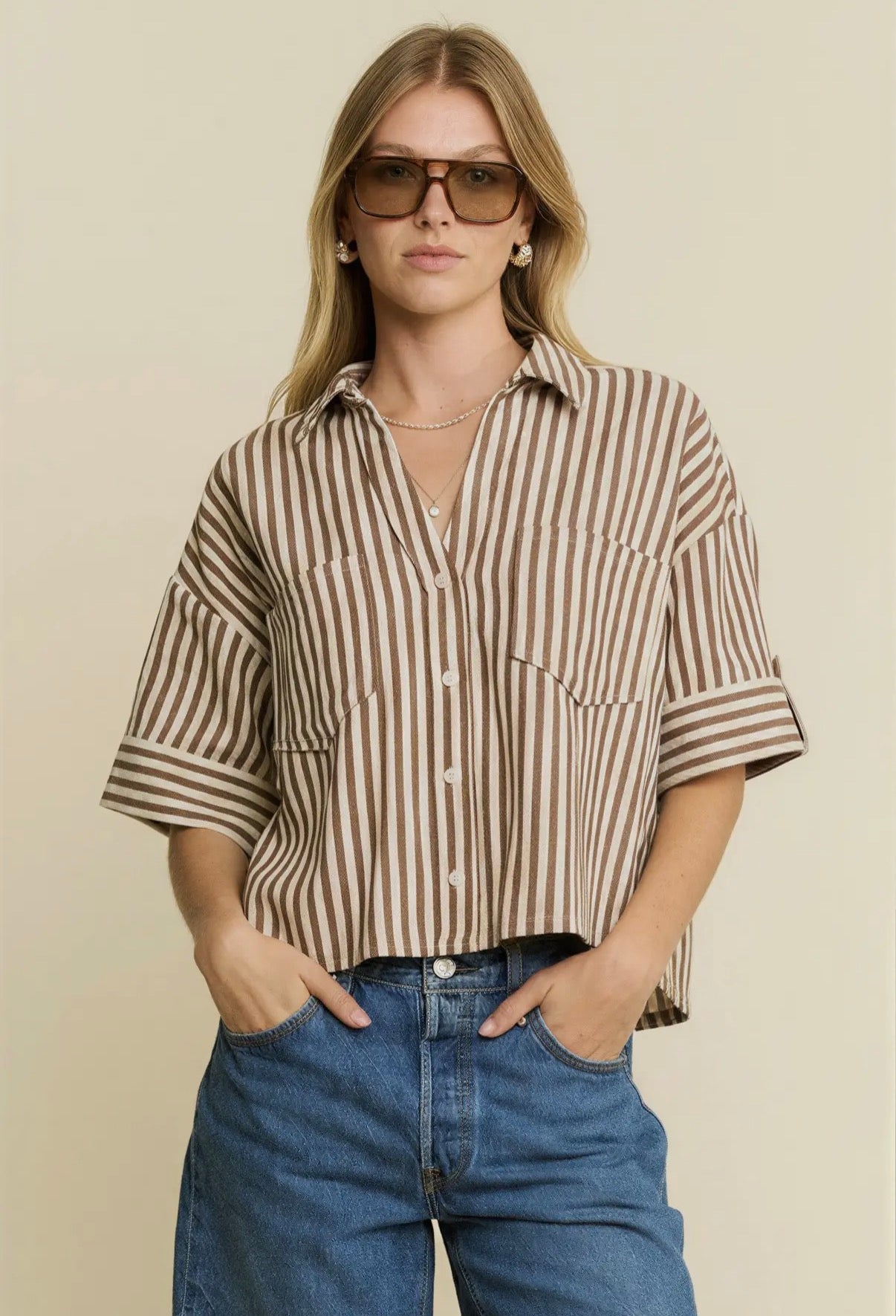 Mocha Striped Collared Shirt (S to 3X)