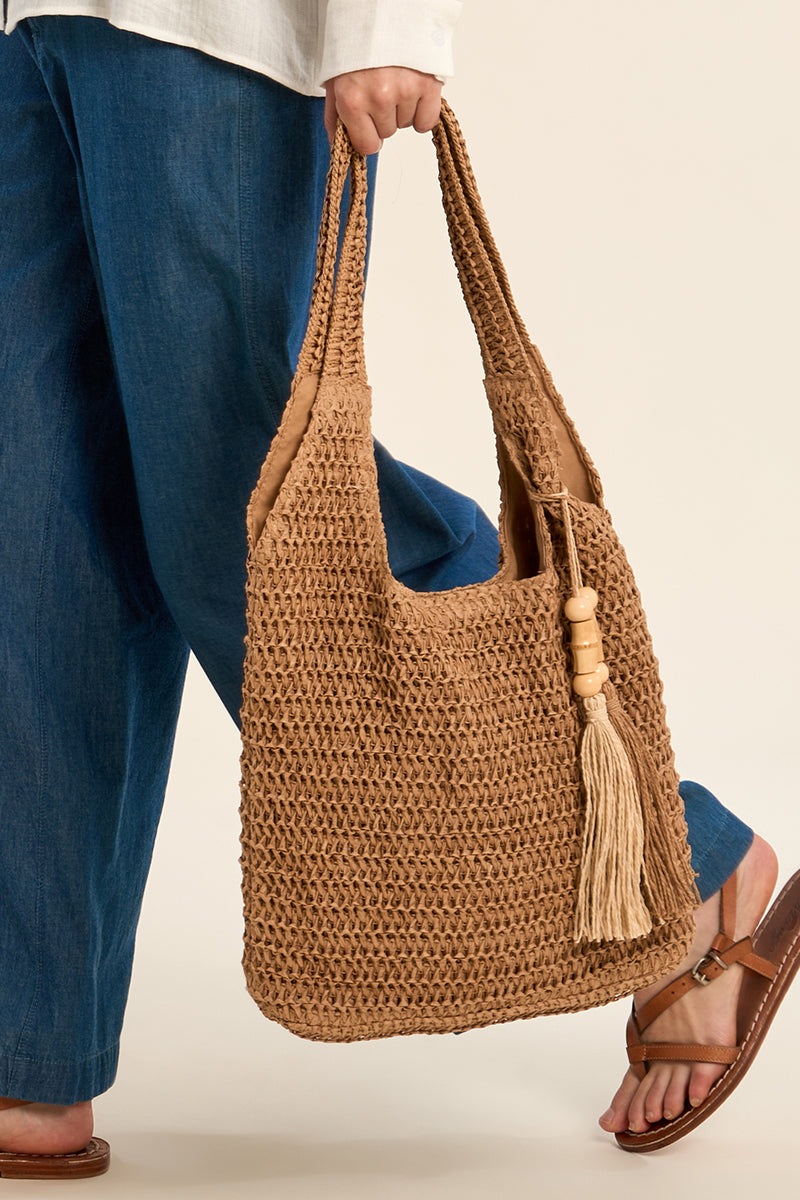 MB Beige Woven Tote Bag with Tassel