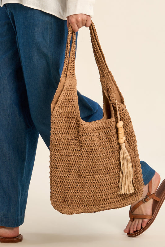 MB Beige Woven Tote Bag with Tassel