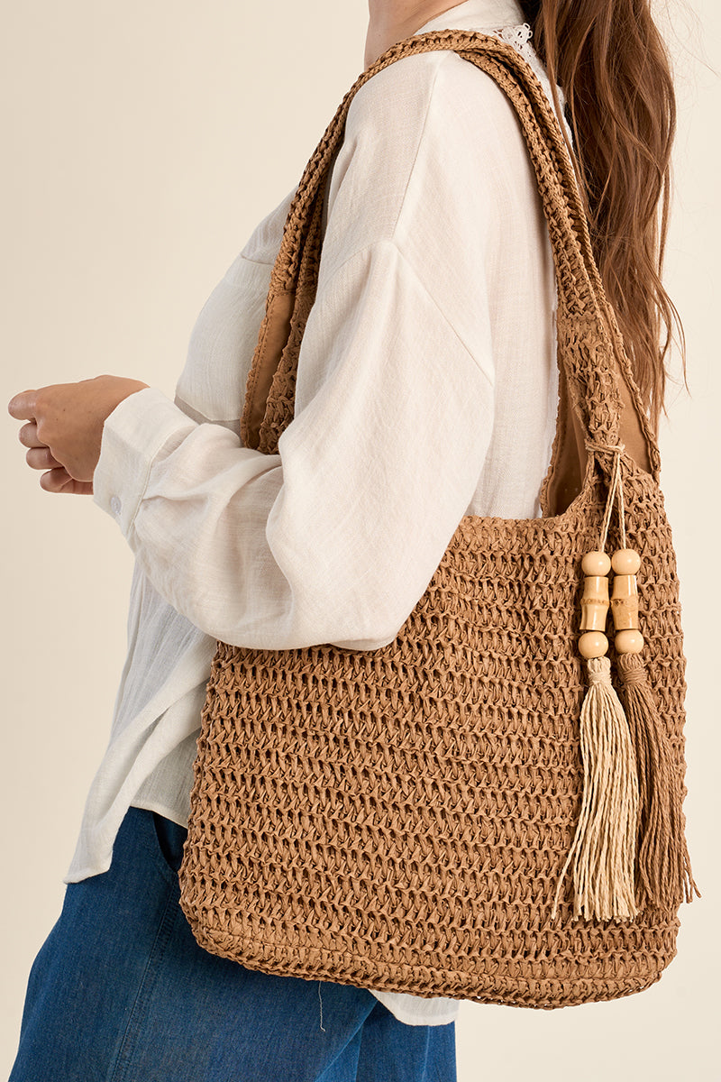 MB Beige Woven Tote Bag with Tassel