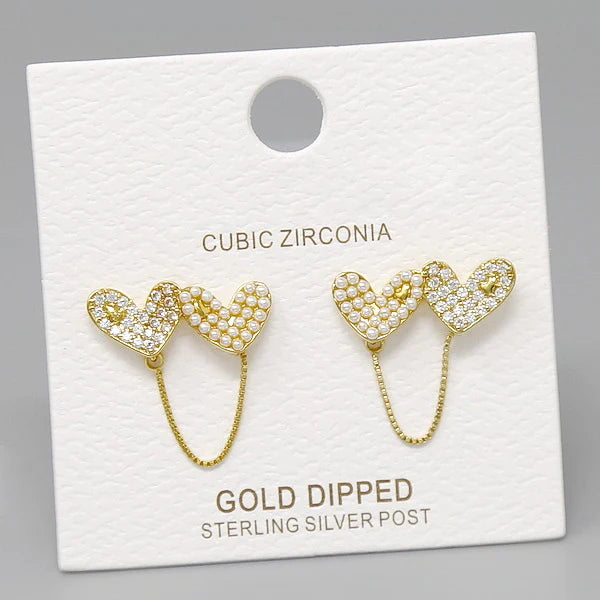 Heart Pearl & CZ Pave Stud Earrings