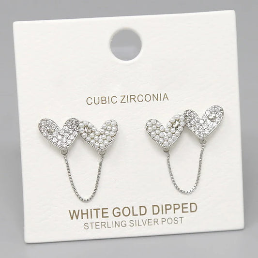 Heart Pearl & CZ Pave Stud Earrings