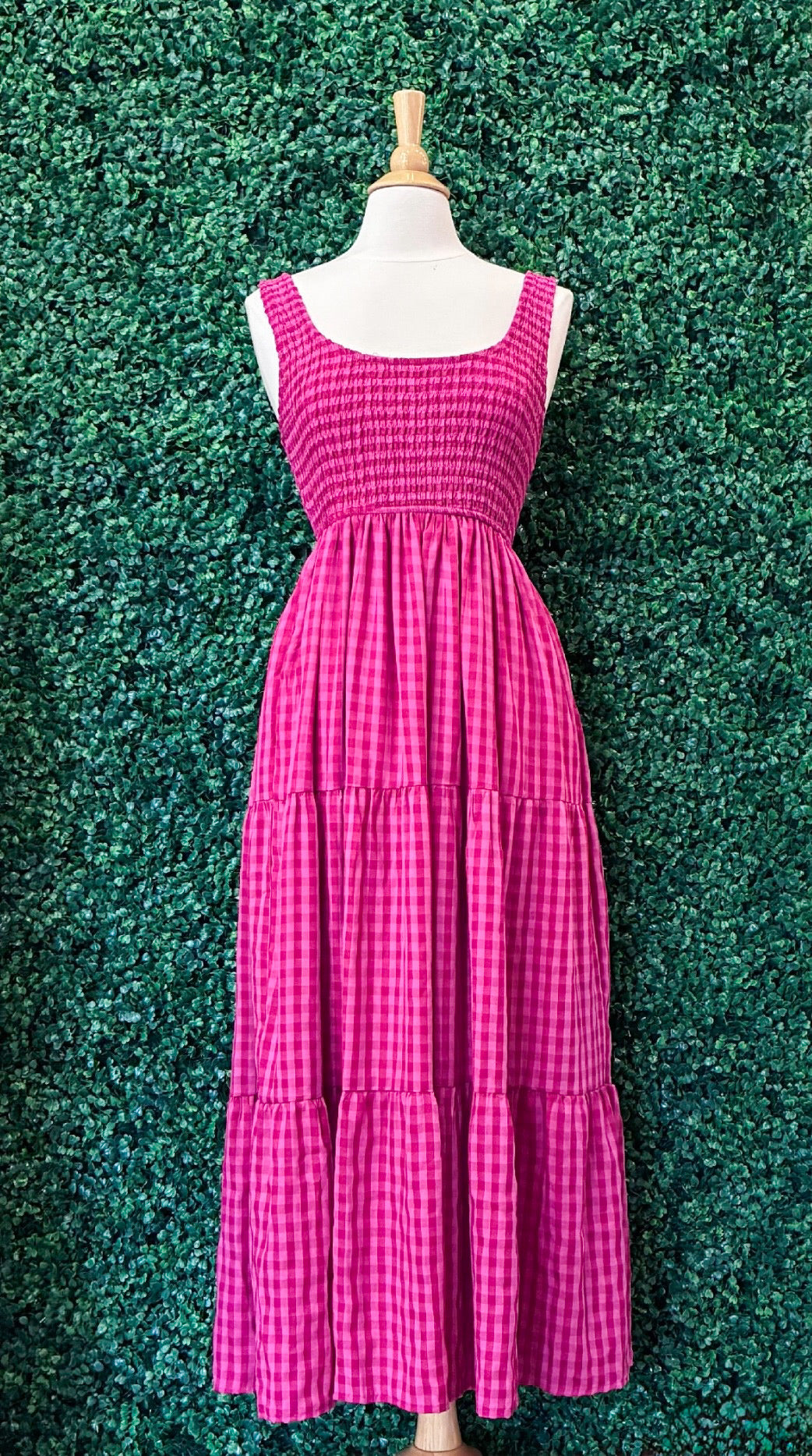 Smocked Bodice Gingham Maxi Dress (S to 3X)