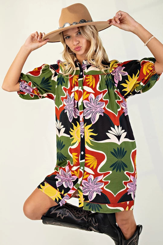 Bold Print Button Up Mini Dress