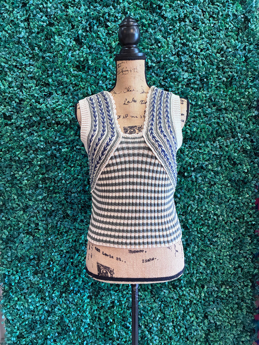 Cream and Dusty Navy Knit Tank (S to 3X)