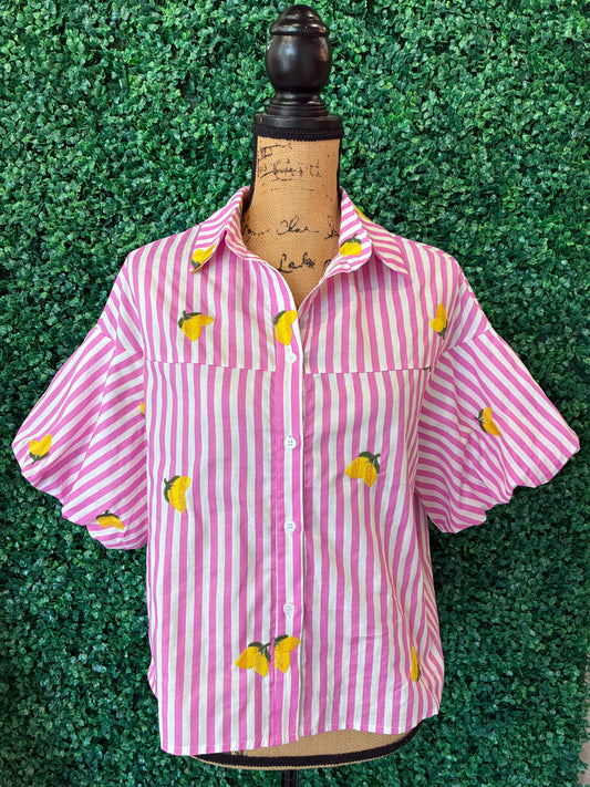 Pink Striped Puff Sleeve Lemon Short Sleeve Button Down Top (S to 3X)