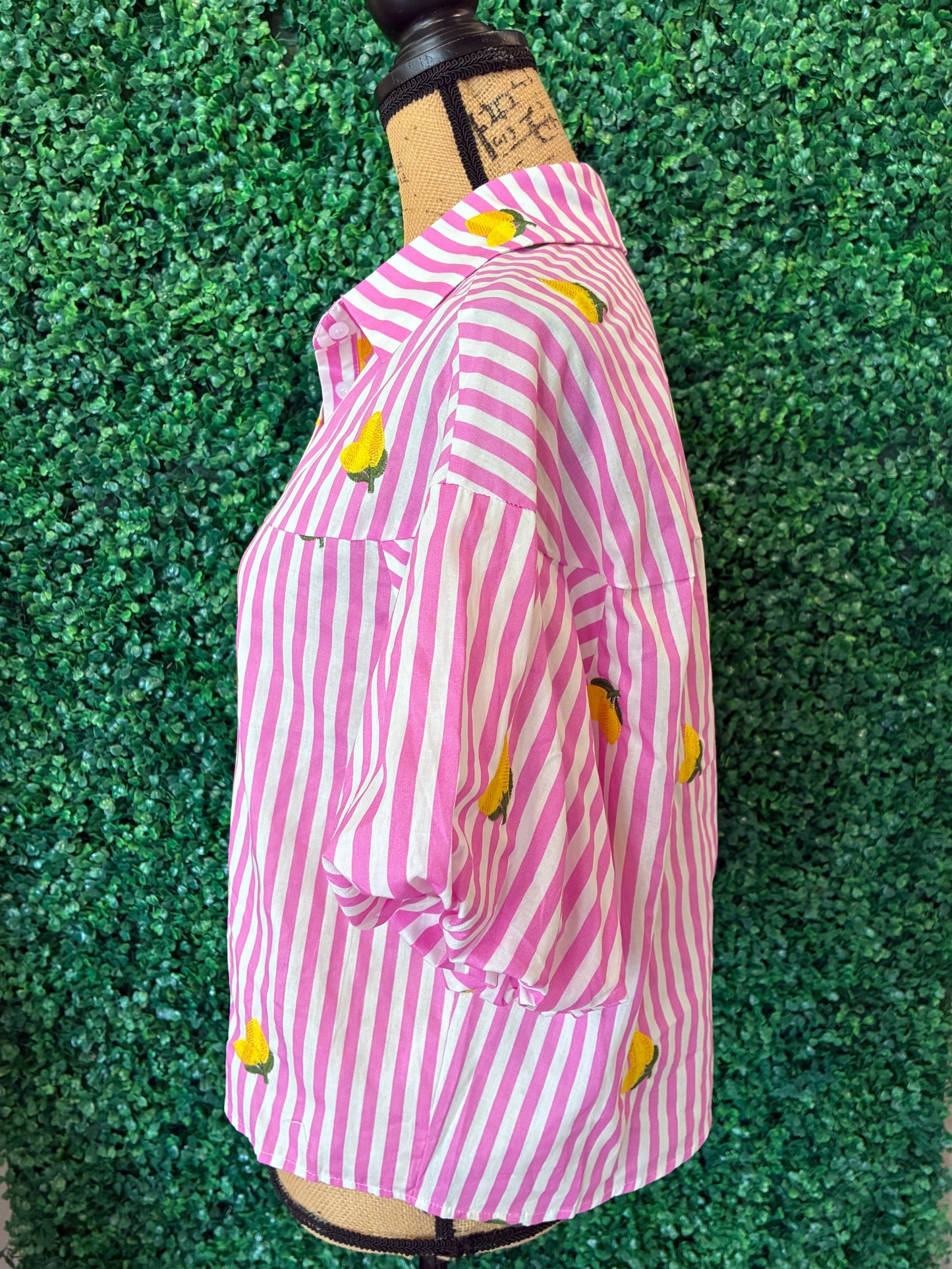 Pink Striped Puff Sleeve Lemon Short Sleeve Button Down Top (S to 3X)