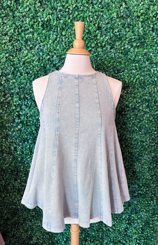 Denim Sleeveless Flared Top (S to 3X)