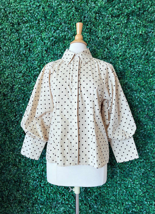 Taupe Polka Dot Balloon Sleeve Blouse