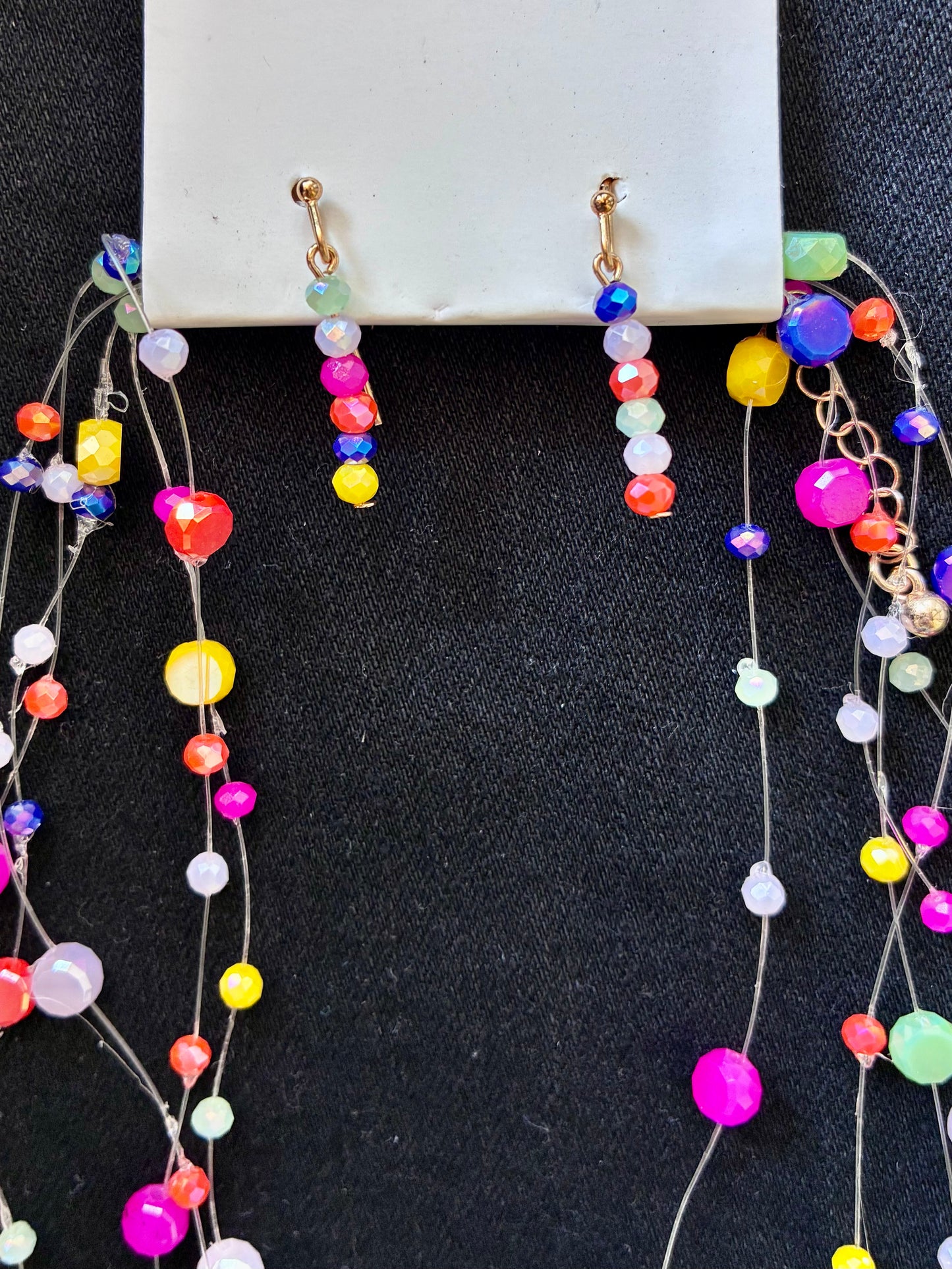 Floating Faceted Stone Fishing Line Necklace w/ Matching Dangle Earrings