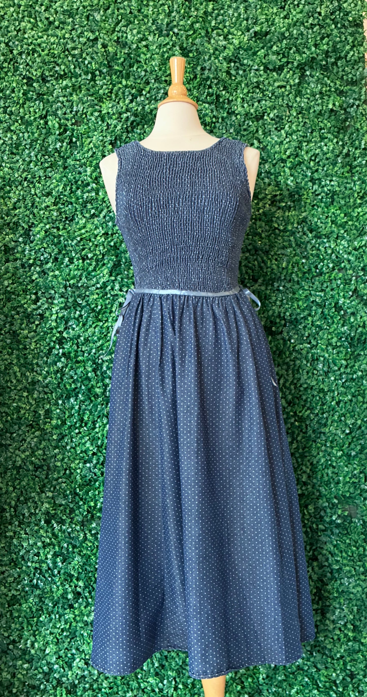 Denim Polka Dot Smocked Dress (S to 3X)