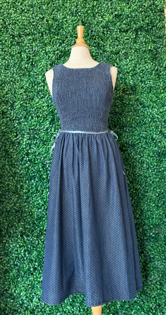 Denim Polka Dot Smocked Dress (S to 3X)