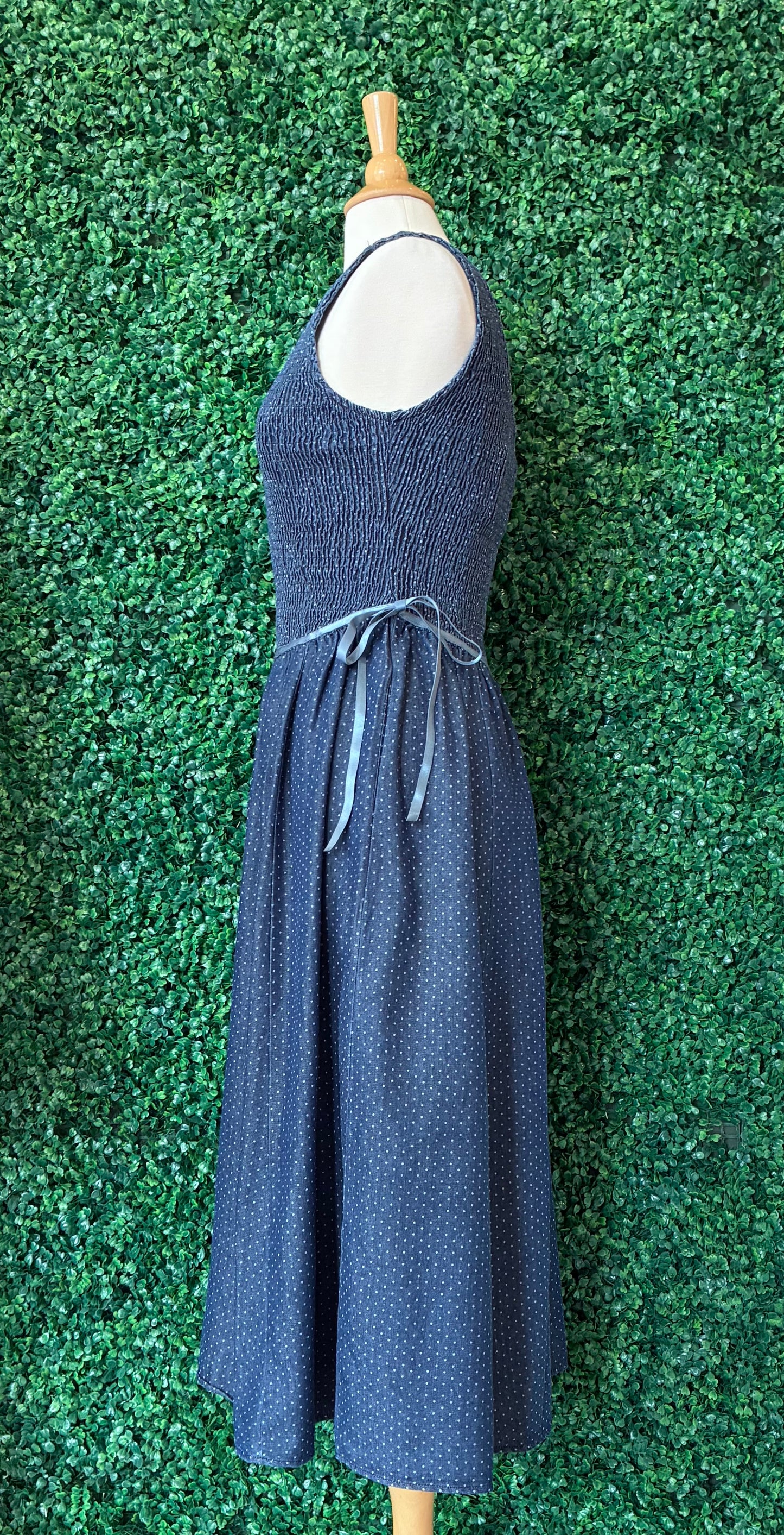 Denim Polka Dot Smocked Dress (S to 3X)
