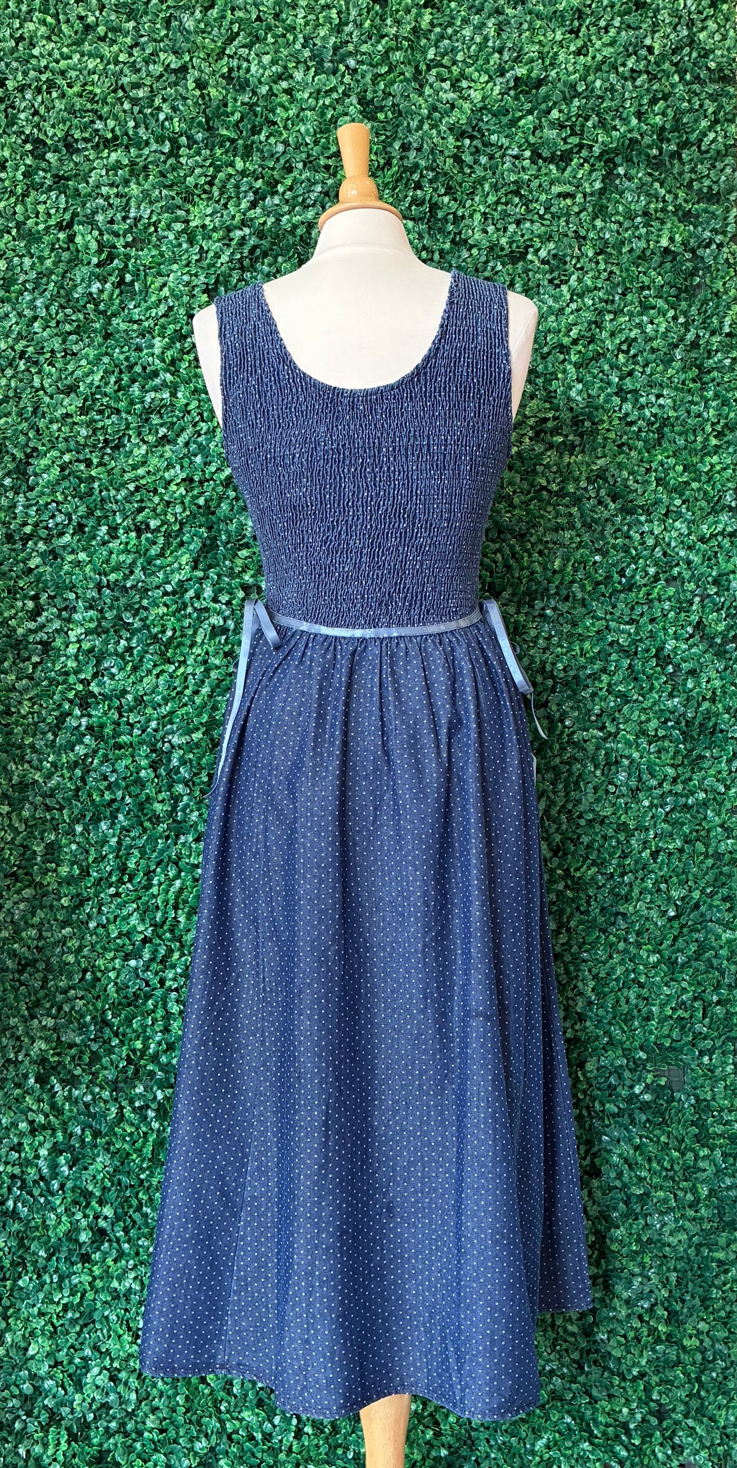 Denim Polka Dot Smocked Dress (S to 3X)