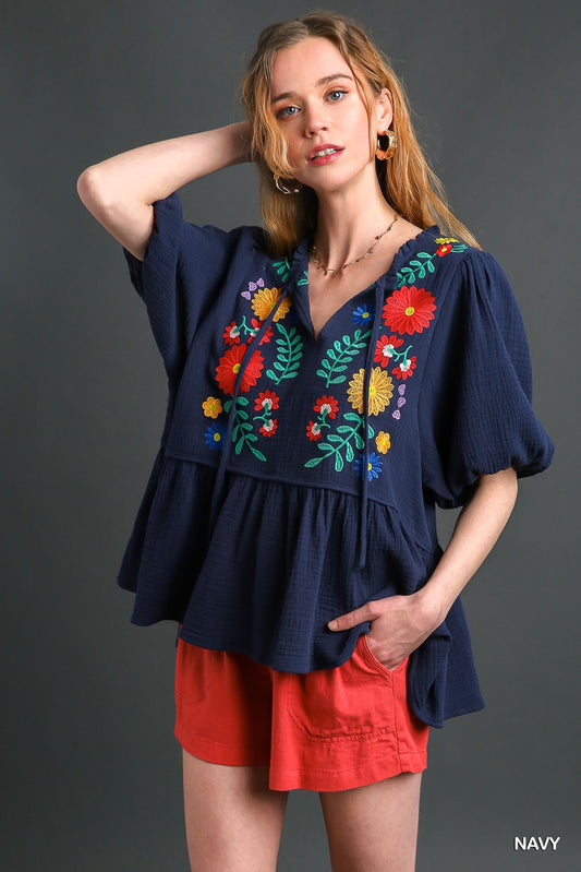 Navy Cotton Floral Embroidered Blouse