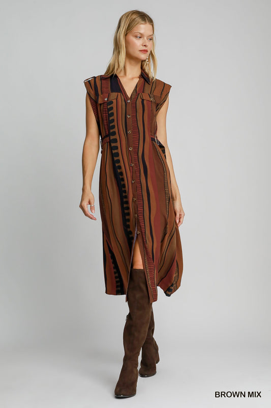 Tobacco Brown Abstract Print Midi Dress