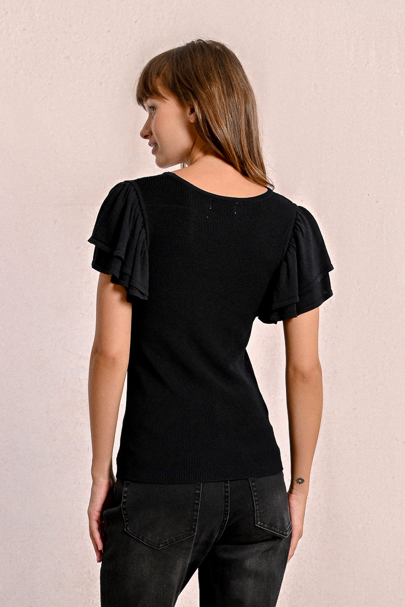 Black Flutter Sleeve Blouse