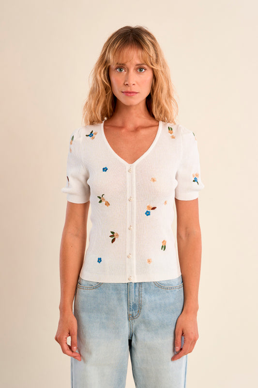 MB Short Sleeve Cardigan Flower Embroidery