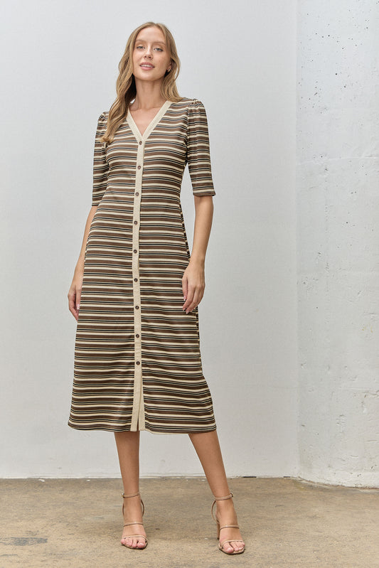 Striped V-Neck Button Down Midi Dress