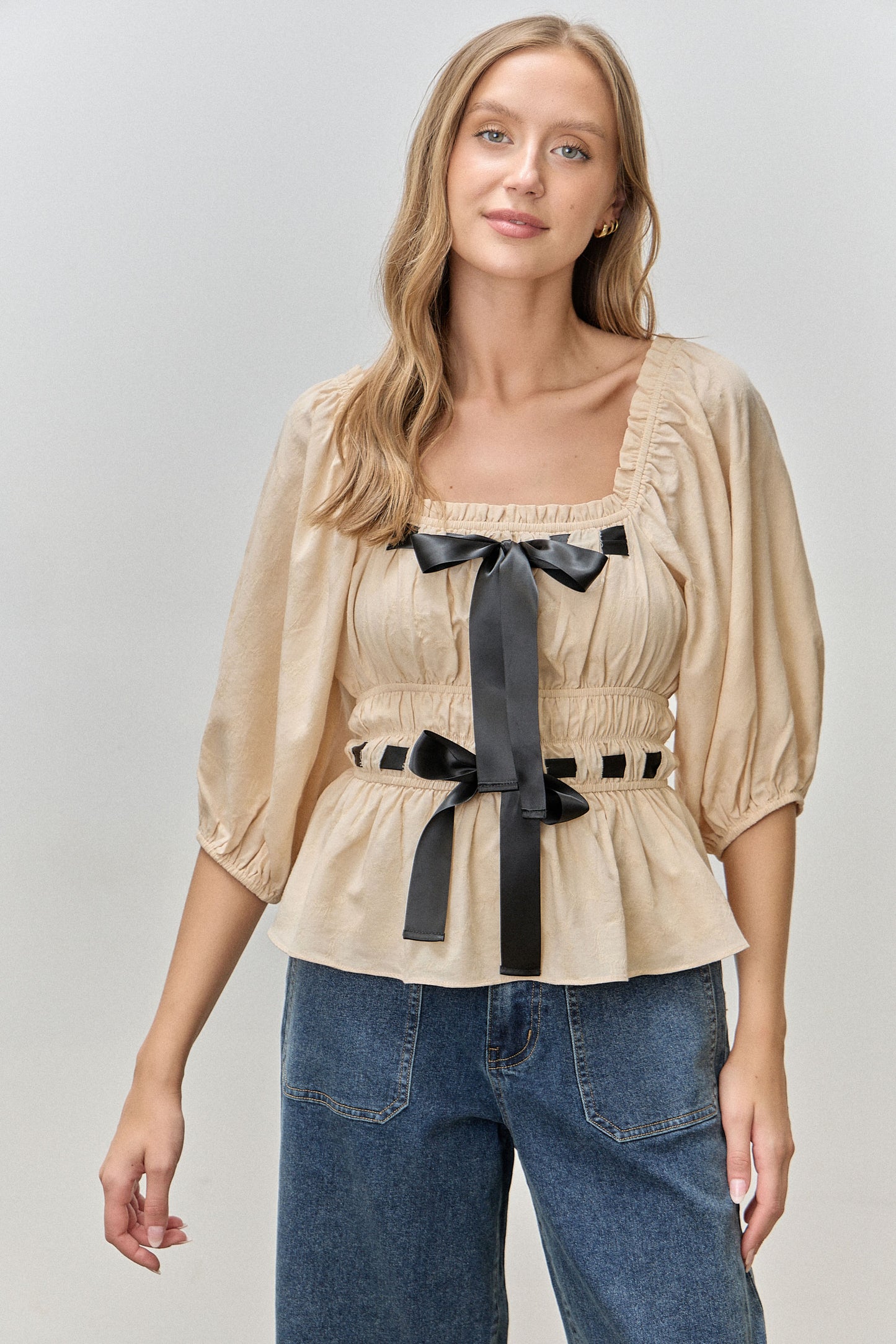 Puff Sleeve Square Neck Shirred Bowknots Top