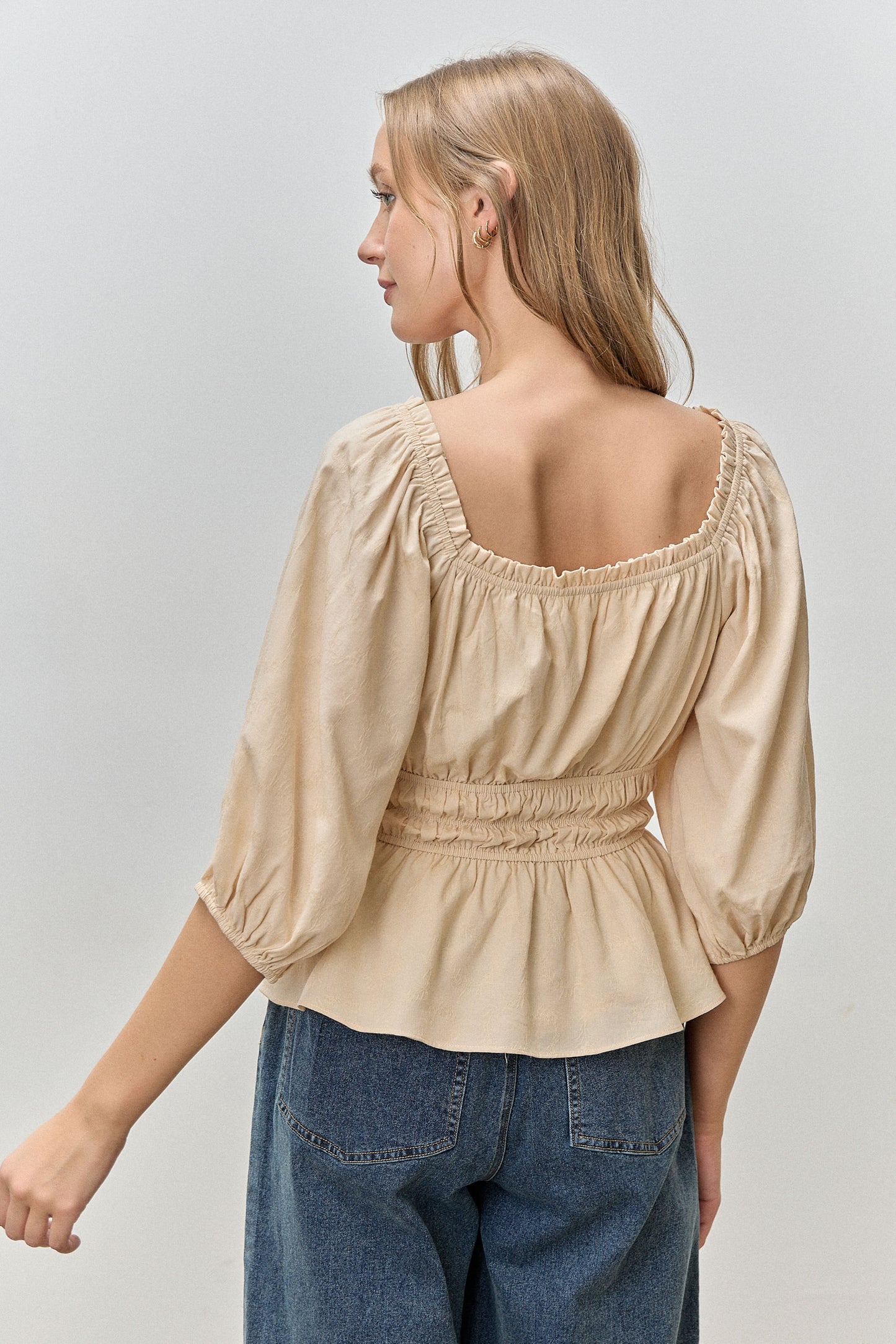 Puff Sleeve Square Neck Shirred Bowknots Top