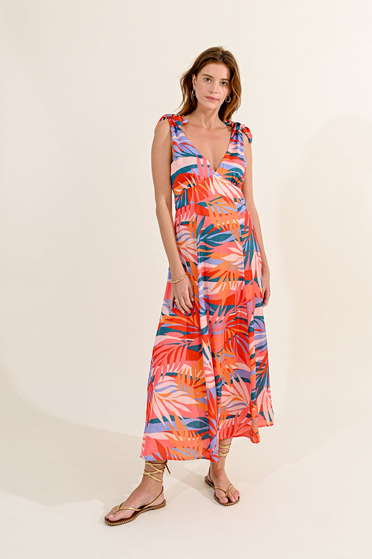 Satin Palm Pattern Maxi Dress