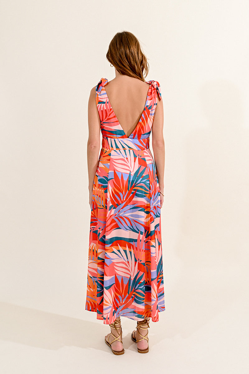 Satin Palm Pattern Maxi Dress