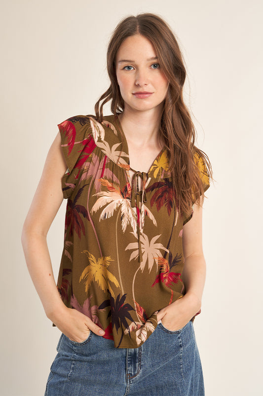 MB Khaki Moana Pattern Flutter Sleeve Top